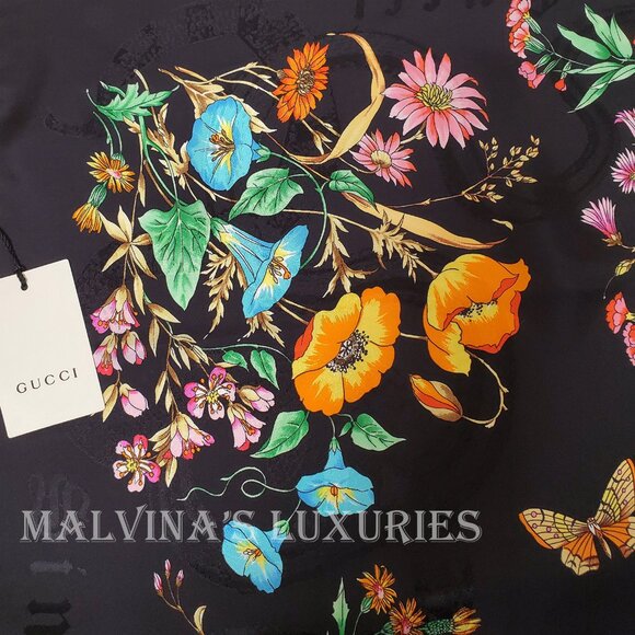 GUCCI SCARF SINE AMORE FLORAL BOUQUET FLORA BLACK SILK TWILL SQUARE 35" - Picture 8 of 12